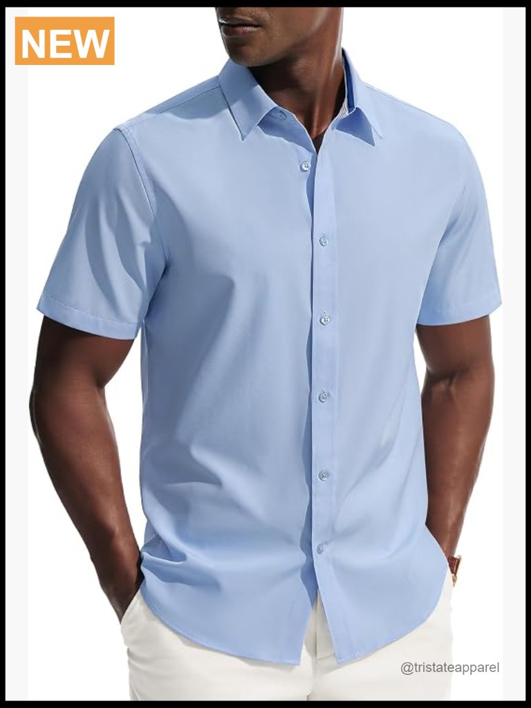 Men's Short Sleeve Stretch Wrinkle-Free Button Down Dress Shirt Regular Fit